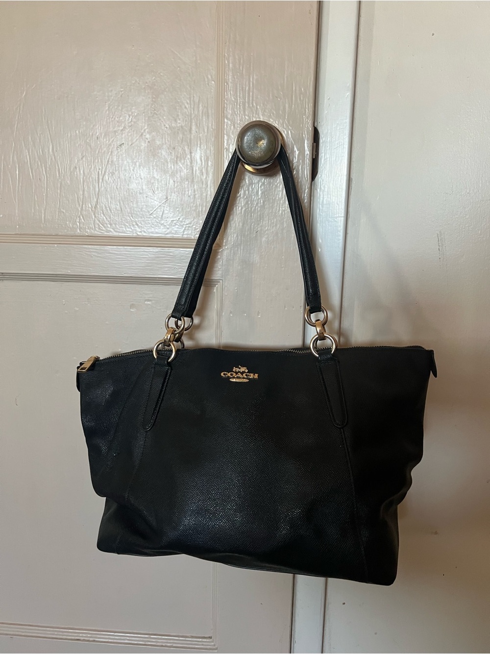 Coach Black Leather Shoulder Tote with Gold Accents